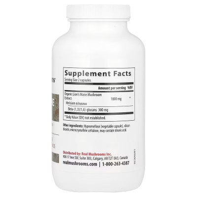Melena de león, Extracto de hongo, 300 cápsulas de Real Mushrooms Real Mushrooms RMS-06829 Plantas Medicinales salud.bio