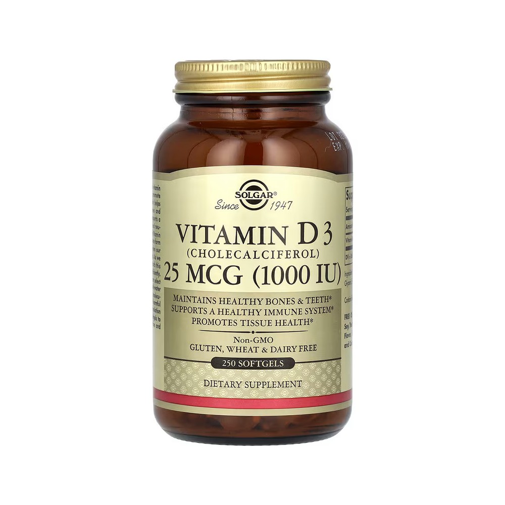 Vitamina D3 (colecalciferol), 25 mcg (1000 UI), 250 perlas de Solgar SOLGAR SOL-03341 Vitamina A y D salud.bio