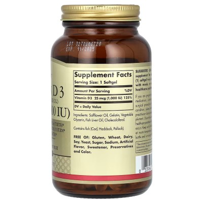 Vitamina D3 (colecalciferol), 25 mcg (1000 UI), 250 perlas de Solgar SOLGAR SOL-03341 Vitamina A y D salud.bio