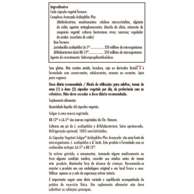 PROBIÓTICO Avanzado Plus Acidophilus (Advanced PLUS Acidophilus 60 cápsulas) de solgar Solgar SOL-00899 Ayudas aparato Digest...