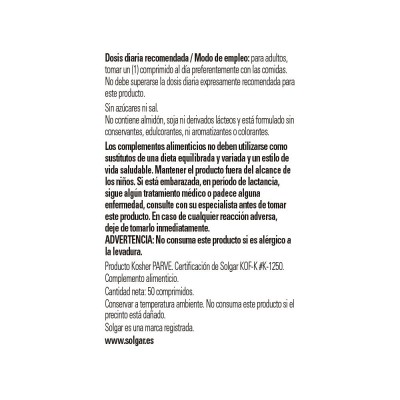 Selenio 200 µg (Sin levadura) 50 ó 100 ó 250 Comprimidos de Solgar Solgar  Vitaminas y Minerales salud.bio