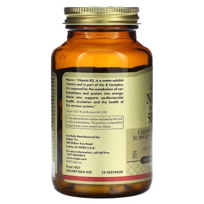 Niacina (vitamina B3) 500 mg, 100 cápsulas vegetales de Solgar Solgar SOL-01851 Vitamina B salud.bio