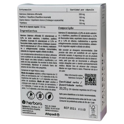 Valeriana COMPLEX 30 cápsulas de herbora Herbora H14301 Estados emocionales, ansiedad, estrés, depresión, relax salud.bio