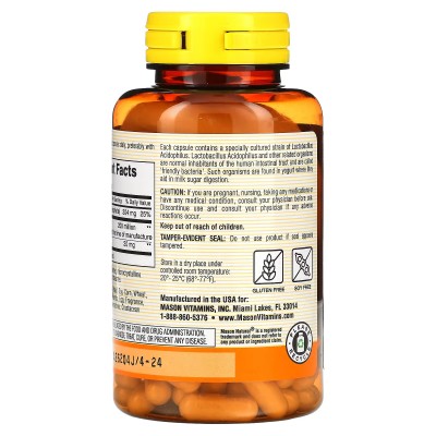 Probiótico acidófilo con pectina, 100 cápsulas de Mason Natural Mason Natural MAV-05331 Ayudas aparato Digestivo salud.bio