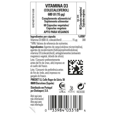 Vitamina D3 600 UI en 60 Cápsulas de Solgar SOLGAR 033318 Vitamina A y D salud.bio