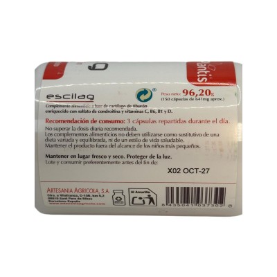 Escilag (Cartílago de tiburón) 150 cápsulas 641mg de Plantis Artesania Agrícola ART-03730 Articulaciones, Huesos, Tendones y ...