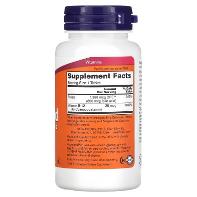 Ácido fólico 800 mcg, 250 comprimidos de NOW Foods NOW Foods NOW-00476 Vitamina B salud.bio