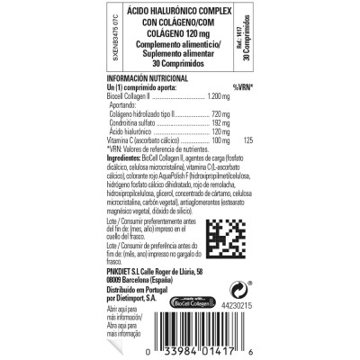 Ácido hialurónico complex con colágeno 120mg 30comprimidos de Solgar SOLGAR SOL-01417 Piel, Cabello y Uñas, Complementos y Vi...