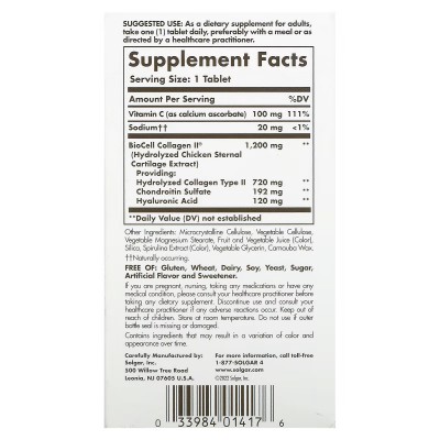 Ácido hialurónico complex con colágeno 120mg 30comprimidos de Solgar SOLGAR SOL-01417 Piel, Cabello y Uñas, Complementos y Vi...