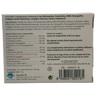 ArticuDol 30 comprimidos de Espadiet Espadiet ESP-82216 Articulaciones, Huesos, Tendones y Musculos, componen el Aparato Loco...