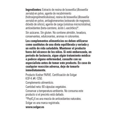 Boswellia Serrata 60 cápsulas de Solgar SOLGAR 184114 Suplementos Naturales acción Analgesica, Antiinflamatoria, malestar, do...