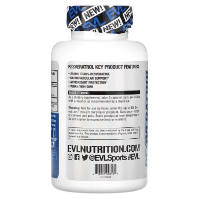 Resveratrol 250 mg 60 cápsulas vegetales de EVLution Nutrition EVLution Nutrition EVL-02813 Antioxidantes salud.bio