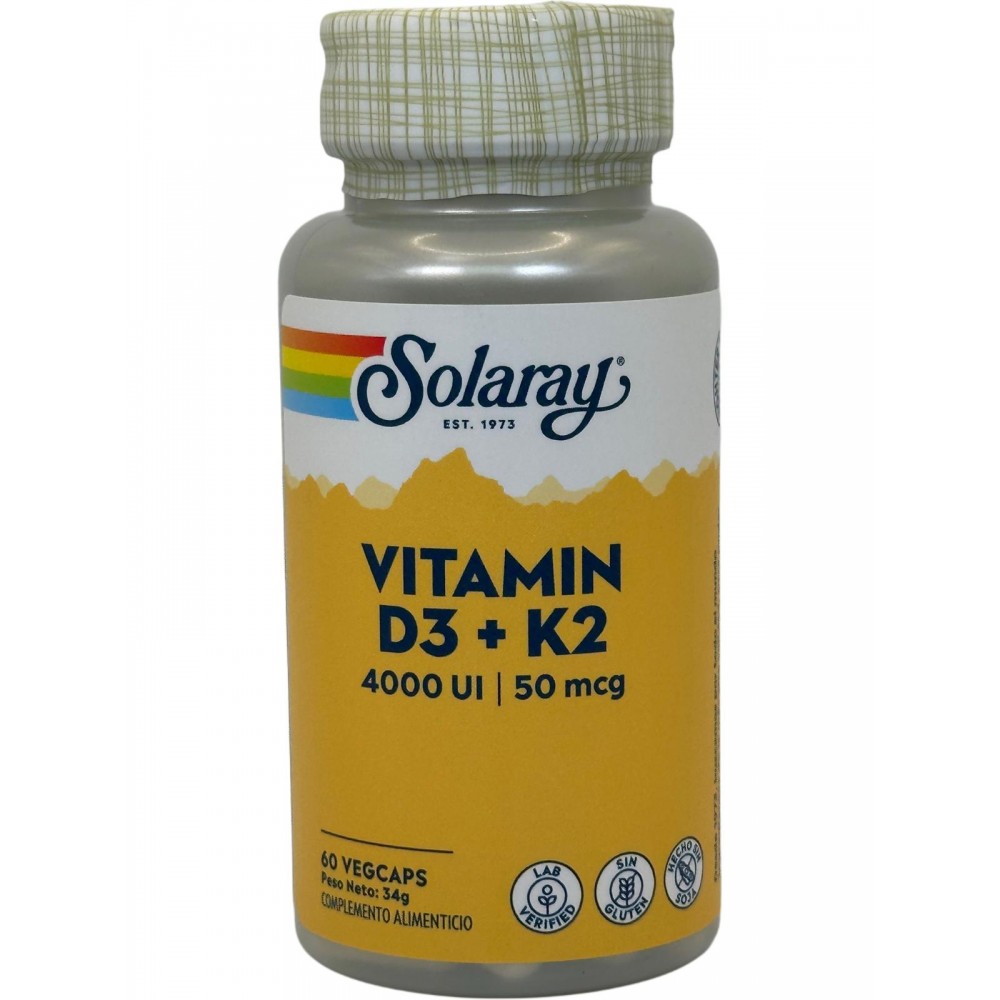 Vitaminas D3 & K2 (Menaquinone-7) 60 cápsulas vegetales de Solaray SOLARAY SOLA-73342 Articulaciones, Huesos, Tendones y Musc...
