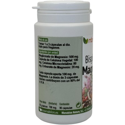 Bisgliconato de Magnesio 500 mg 90 cápsulas vegetales de Manabios Manabios MAN-111480 Suplementos Minerales  salud.bio