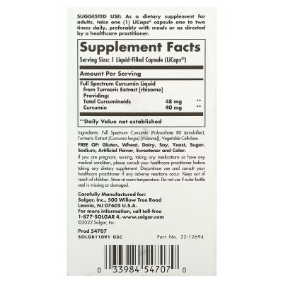 Full Expectrum Cúrcuma (Curcumin) 60 cápsulas de Solgar Solgar SOL-54707 Suplementos Naturales acción Analgesica, Antiinflama...