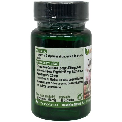 Cúrcuma CONCENTRA MAX 10.750mg 48 cápsulas con piperina de Manabios Manabios 111209 Suplementos Naturales acción Analgesica, ...