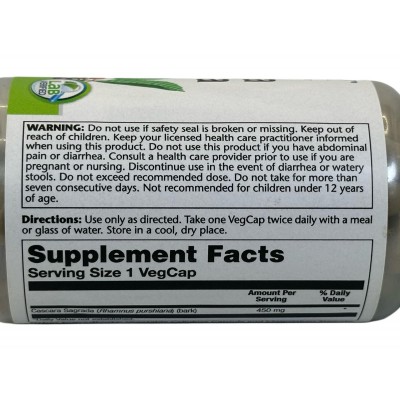 Cáscara Sagrada, 450 mg, 100 Cápsulas vegetales de Solaray SOLARAY SOR-01120 Laxantes salud.bio
