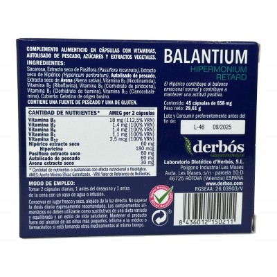 Balantium HIPERMONIUM retard 45 Cápsulas de derbós Derbós DER-15021 Estados emocionales, ansiedad, estrés, depresión, relax s...