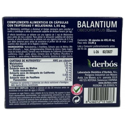 Balantium ORBEDORM Plus 30 cápsulas de derbós Derbós DER-15168 insomnio y descanso salud.bio