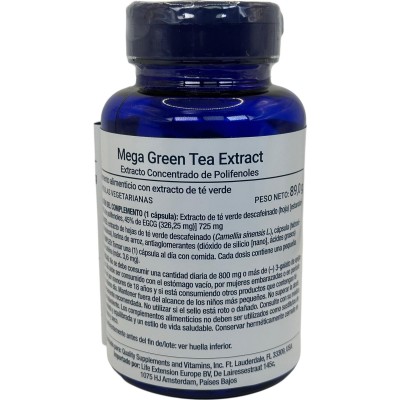 Mega extracto de té verde (EGCG) Descafeinado 725 mg 100 cápsulas vegetales de Life Extension Life Extension LEX-04474 Antiox...