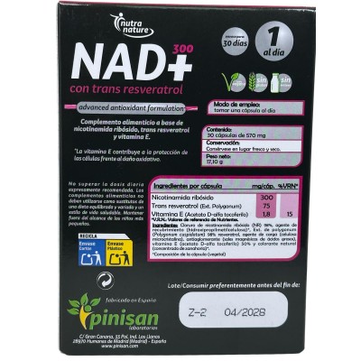 NAD+ 300mg con Trans Resveratrol 75mg, (nutranature) 30 cápsulas de Pinisan Pinisan MYC-00884 Antioxidantes salud.bio