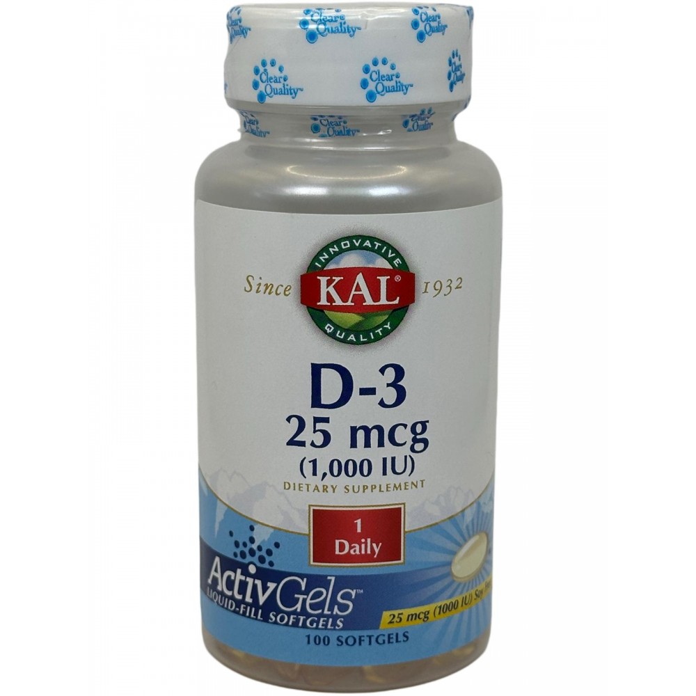 Vitamina D3 1000 UI - 100 perlas ActivGels de KAL (Solaray) SOLARAY KAL-60010 Articulaciones, Huesos, Tendones y Musculos, co...