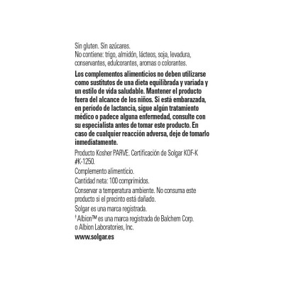 Zinc quelado 22mg 100 Comprimidos Solgar Solgar SOL-800 Sistema inmunitario salud.bio