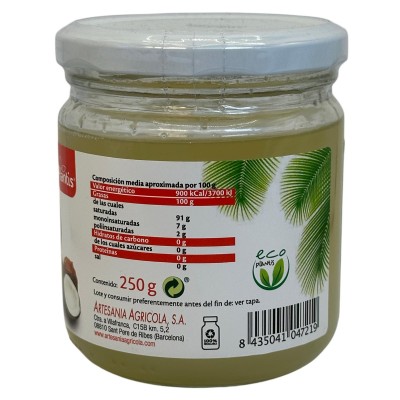 Aceite de Coco ECO BIO (Virgen extra) 250g de Plantis Artesania Agrícola ART-04721 Aceites naturales salud.bio