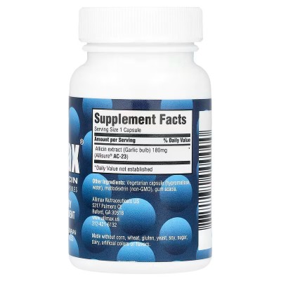 Allicin 100% cápsulas de polvo de alicina (Ajo) 180 mg, 30 cápsula vegetales de Allimax Allimax ALL-00000 Ayudas niveles Cole...