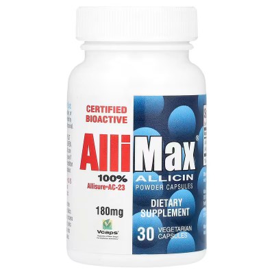 Allicin 100% cápsulas de polvo de alicina (Ajo) 180 mg, 30 cápsula vegetales de Allimax Allimax ALL-00000 Ayudas niveles Cole...