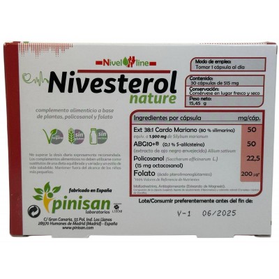 Nivesterol nature (ayuda colesterol) 30 cápsulas de Pinisan Pinisan 106.00118 Ayudas niveles Colesterol y Trigliceridos salud...