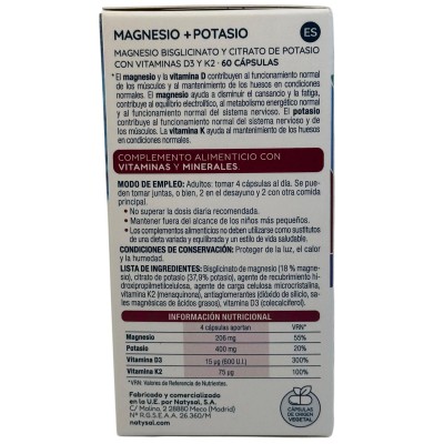 Magnesio Bisglicinato + Potasio + Vitamina D3 + Vitamina K2 60 cápsulas de Natysal Natysal NAT-32777 Articulaciones, Huesos, ...