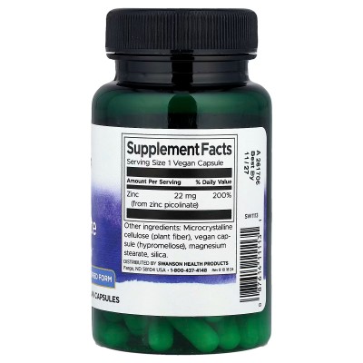 Picolinato de Zinc (Zinc Picolinate) 22mg 60 Cápsulas Vegetales de Swanson Swanson SWV-11113 Sistema inmunitario salud.bio