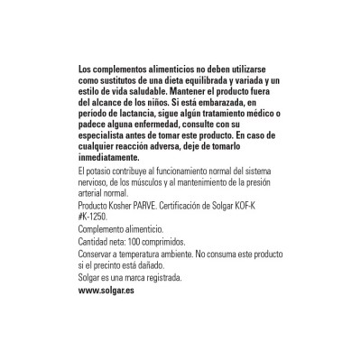 Potasio (Gluconato) 100 comprimidos de Solgar Solgar 102260 Minerales salud.bio