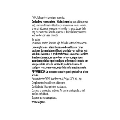 Metilcobalamina 1000mcg 30 Comprimidos Masticables B12 de solgar Solgar 051950 Vitamina B salud.bio