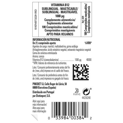 Vitamina B12 1.000 μg (1.000 mcg) Cianocobalamina masticable (en 100 ó 250 comprimidos) de Solgar Solgar  Vitamina B salud.bio
