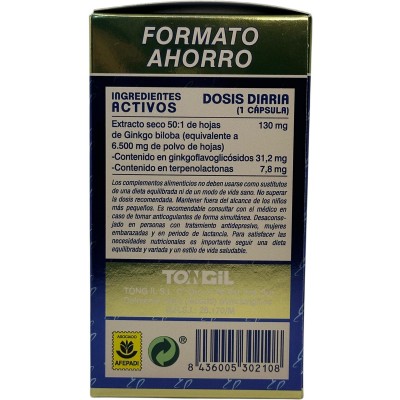 Ginkgo 6500mg 80 cápsulas (Formato ahorro) de TonGil Tongil M59 Sistema circulatorio salud.bio