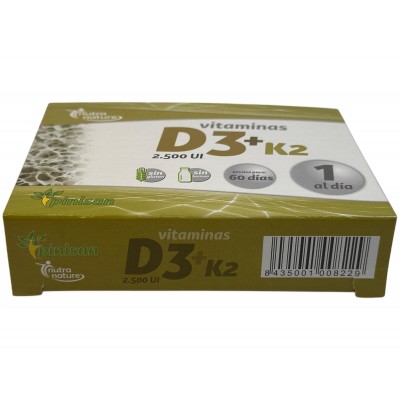 Vitaminas D3 2.500iu y K2 100pg. 60 Cápsulas de Pinisan Pinisan 106.00210 Articulaciones y huesos salud.bio