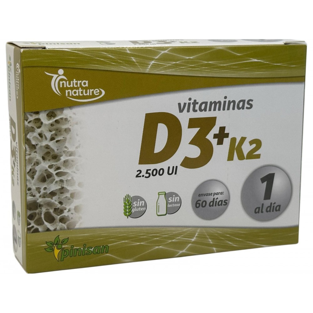 Vitaminas D3 2.500iu y K2 100pg. 60 Cápsulas de Pinisan Pinisan 106.00210 Articulaciones y huesos salud.bio