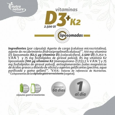 Vitaminas D3+K2 liposomadas (2.500iU+75mg) 60 Cápsulas de Pinisan Pinisan 106.00280 Articulaciones y huesos salud.bio