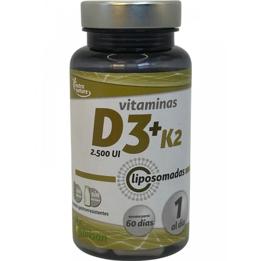 Vitaminas D3+K2 liposomadas (2.500iU+75mg) 60 Cápsulas de Pinisan Pinisan 106.00280 Articulaciones y huesos salud.bio