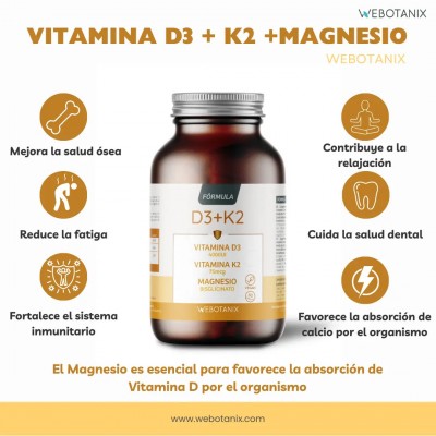 Vitaminas D3+K2+Magnesio (100pg 4.000UI + 75pg +80mg) de WeBotanix WE BOTANIX WEB-22350 Articulaciones y huesos salud.bio