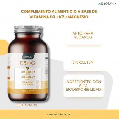 Vitaminas D3+K2+Magnesio (100pg 4.000UI + 75pg +80mg) de WeBotanix WE BOTANIX WEB-22350 Articulaciones y huesos salud.bio