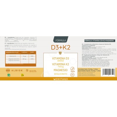 Vitaminas D3+K2+Magnesio (100pg 4.000UI + 75pg +80mg) de WeBotanix WE BOTANIX WEB-22350 Articulaciones y huesos salud.bio