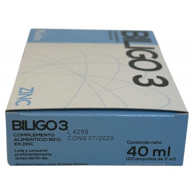 BILIGO 3 (Zinc) oligoelemento 20 ampollas de 2ml de Plantis Artesania Agrícola ART-03903 Sistema inmunitario salud.bio