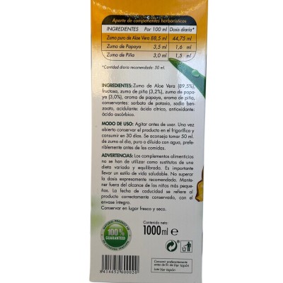Zumo Aloe Vera PURO con Piña y Papaya 1 Litro de HFOrganics HerboFarm HO HO101 Ayudas aparato Digestivo salud.bio
