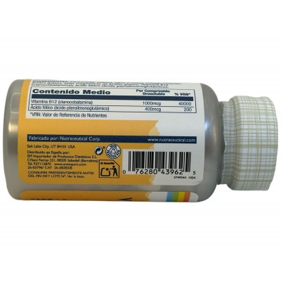 Vitamina B12 1000mcg con fólico 400mcg sublingual de Solaray SOLARAY SM-4345 Vitamina B salud.bio