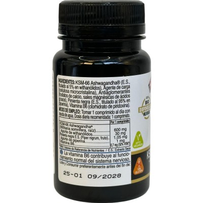 Ashwagandha KSM66 + (Pmienta Negra y B6) 30 comprimidos de Novadiet Novadiet NOV-53545 Estados emocionales, ansiedad, estrés,...