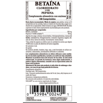 Betaína Clorhidrato con Pepsina de Solgar Solgar 120240 Ayudas aparato Digestivo salud.bio