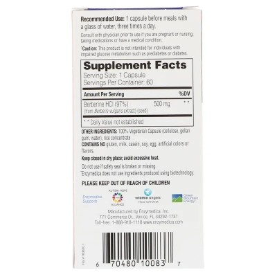 Berberine (Barberry) en 60 cápsulas de Enzymedica Enzymedica ENZ-10083 Ayuda Glucemia y Diabetes salud.bio